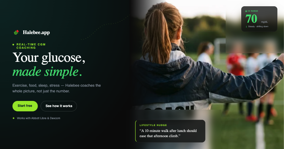 Halebee.app — your glucose, made simple. Real-time CGM coaching that considers exercise, food, sleep, and stress.