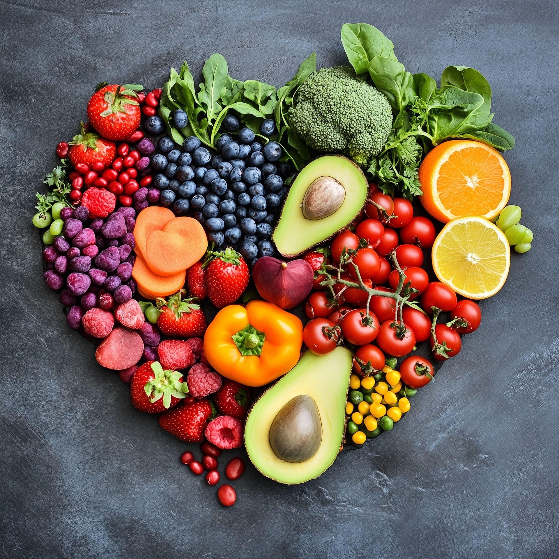 Mindful eating as depicted by fresh fruit forming a heart shape